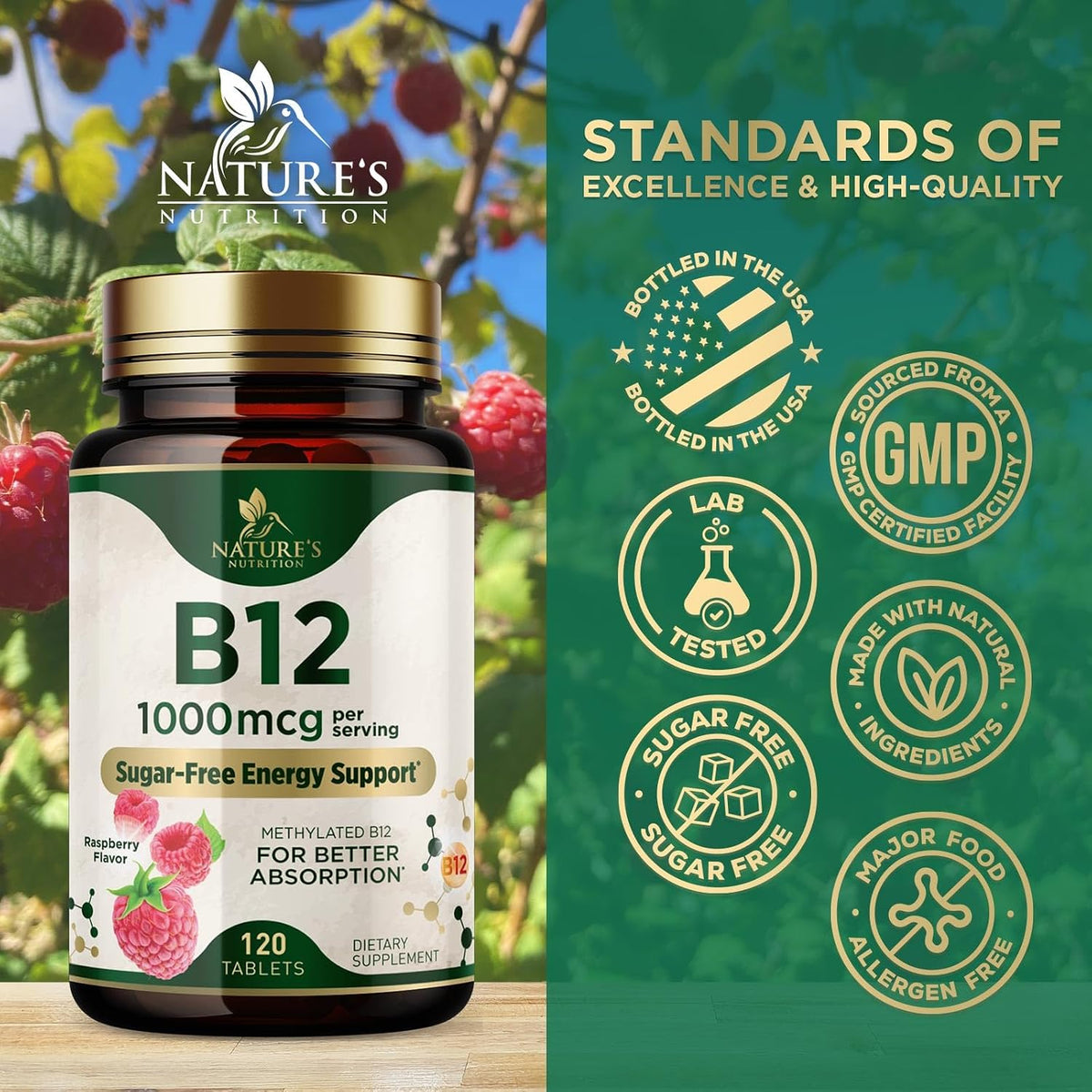 Nature's Nutrition Vitamin B12 1000 mcg – Aids in red blood cell formation: Healthy red blood cells mean oxygen – Image 4