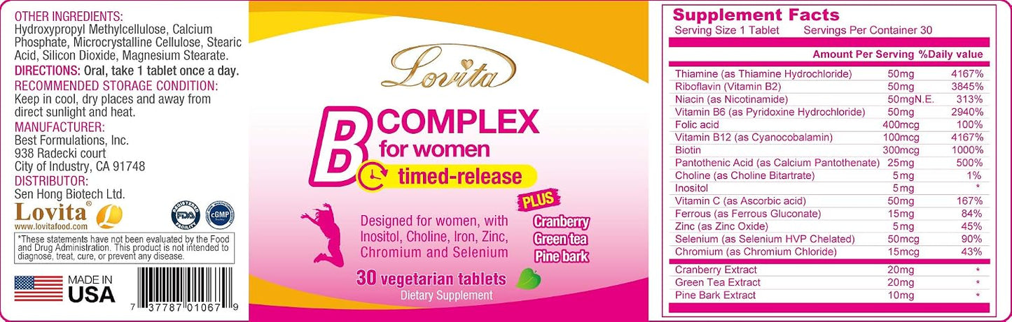 LOVITA High Potency Vitamin B Complex for Women's - Timed-release with Iron, Vitamin C, Cranberry, Pine Bark, Green Tea (Pack of 3, 90 Tablets) - görsel 5