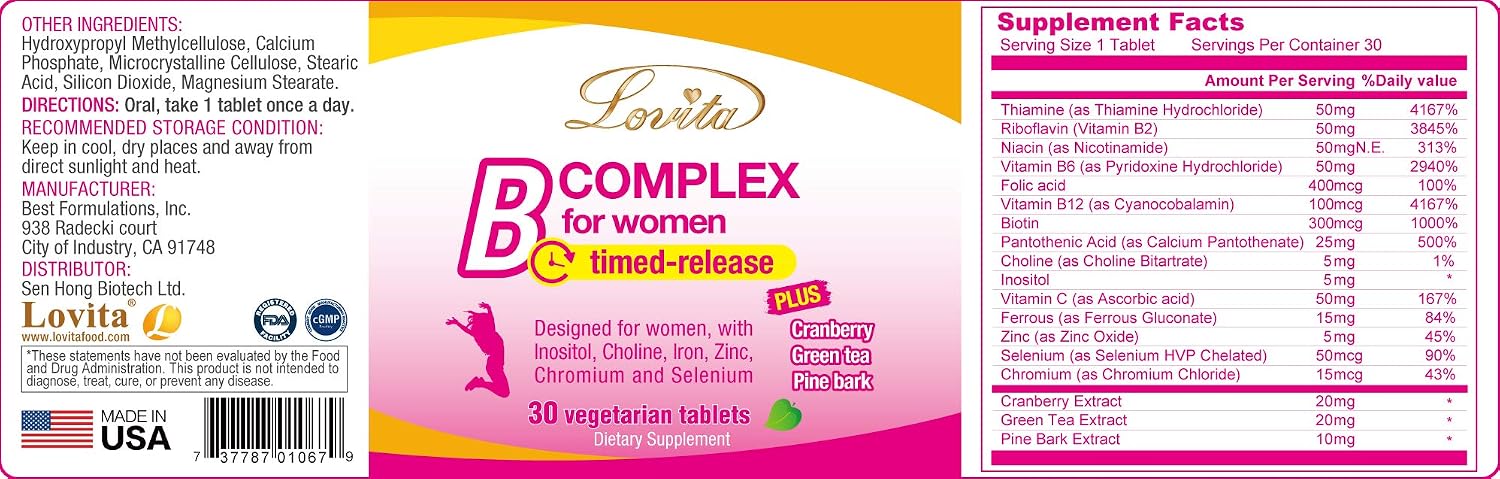LOVITA High Potency Vitamin B Complex for Women's - Timed-release with Iron, Vitamin C, Cranberry, Pine Bark, Green Tea (Pack of 3, 90 Tablets) - görsel 5