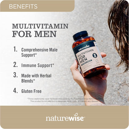 NatureWise Multivitamin for Men - Daily Male Support - Minerals & Herbs for Energy, Performance, Immunity - with Vitamin A, C, D, B-Complex - Soy & Gluten Free, Non-GM - 90 Capsules (45-Day Supply)