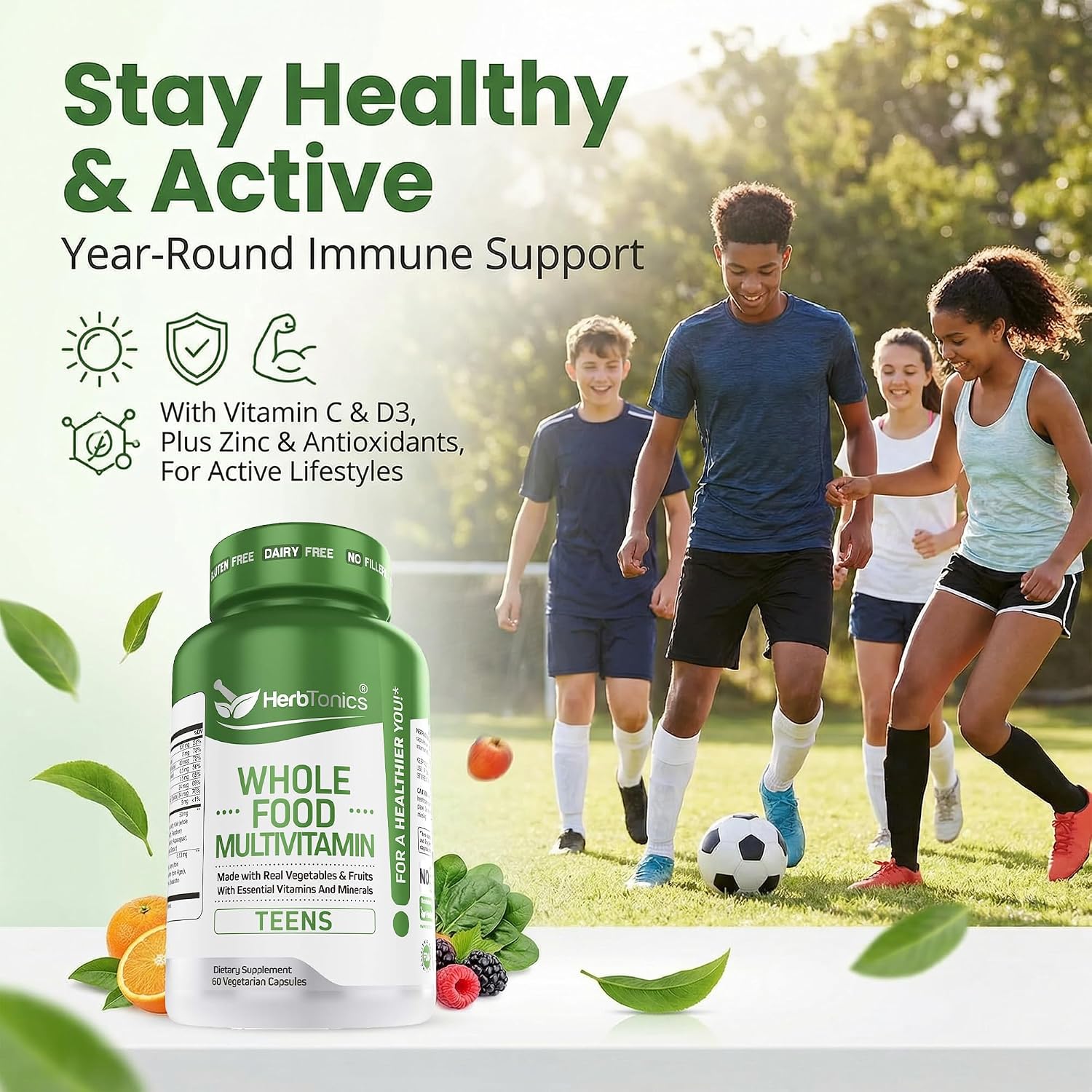 Herbtonics Wholefood Teen Vitamins - Multivitamin for Boys & Girls Ages 12-18 - Energy, Focussed and Immune Support - 60 Capsules - görsel 8