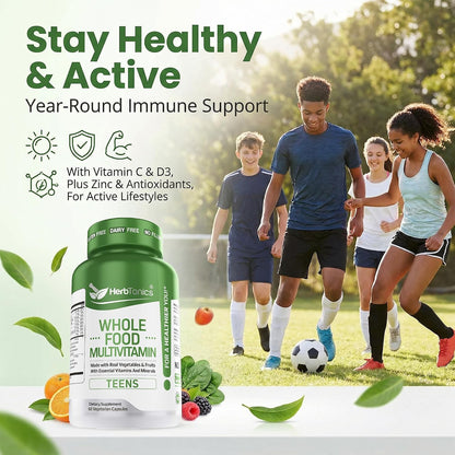 Herbtonics Wholefood Teen Vitamins - Multivitamin for Boys & Girls Ages 12-18 - Energy, Focussed and Immune Support - 60 Capsules