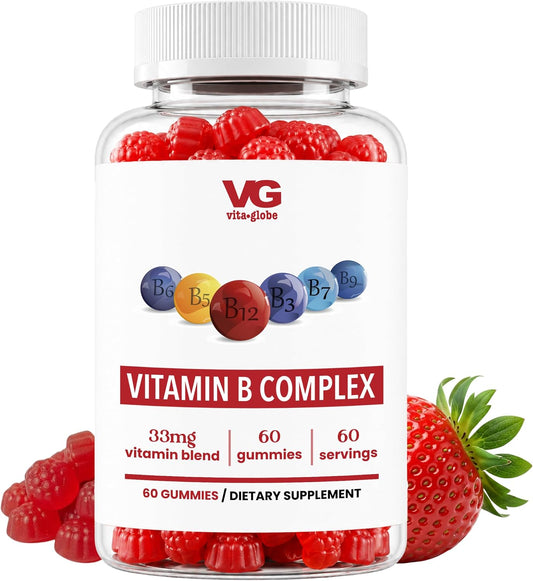 VITA GLOBE B Complex Gummy Vitamins – Strawberry Flavour with Vitamin C, Niacin, B6, B12 & Biotin, Daily Supplement for – Image 1