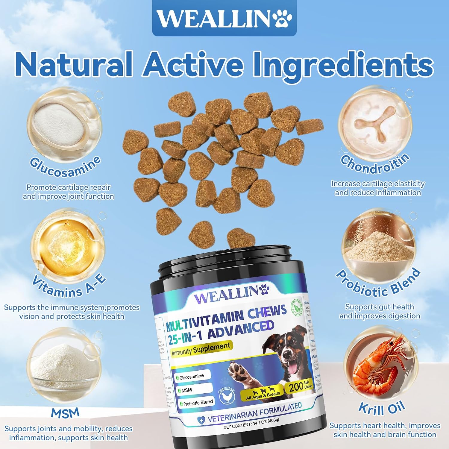 WEALLIN 25-in-1 Dog Multivitamin Chewable - Glucosamine, Probiotics, Omega-3 for Coat, Joints, Digestion & Immunity (200 Chews) - görsel 3