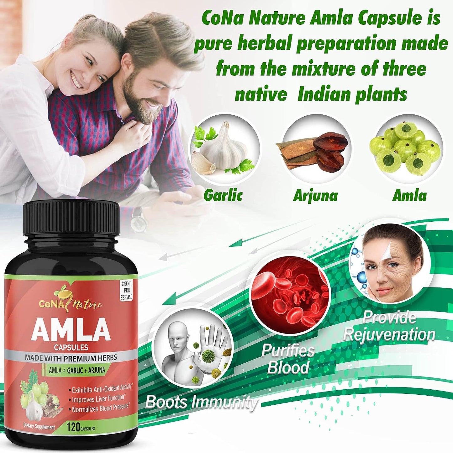 Cona Nature Organic Amla Capsules 1650mg with Arjuna & Garlic – Natural Vitamin C Supplement, Antioxidant Rejuvenator, Immunity & Energy Support, Gluten free, Vegan, 120 Capsules - görsel 5
