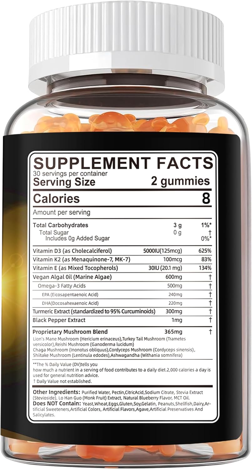 Vitamin D3 5000 IU (125 mcg) + Vitamin K2 (MK-7) Gummies with Algae Omega 3 – Vegan, Sugar-free, 60 Count - görsel 2