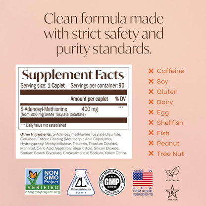 Nature's Trove SAM-e 400mg 90 Enteric Coated Caplets. Vegan, Kosher, Non-GM Project Verified, Soy-free, Gluten free - Cold Form Blister Packed.