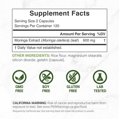Moringa Capsules 240 Capsules – Maximum Potency Pure Moringa Leaf Extract – Complete Green Superfood Supplement