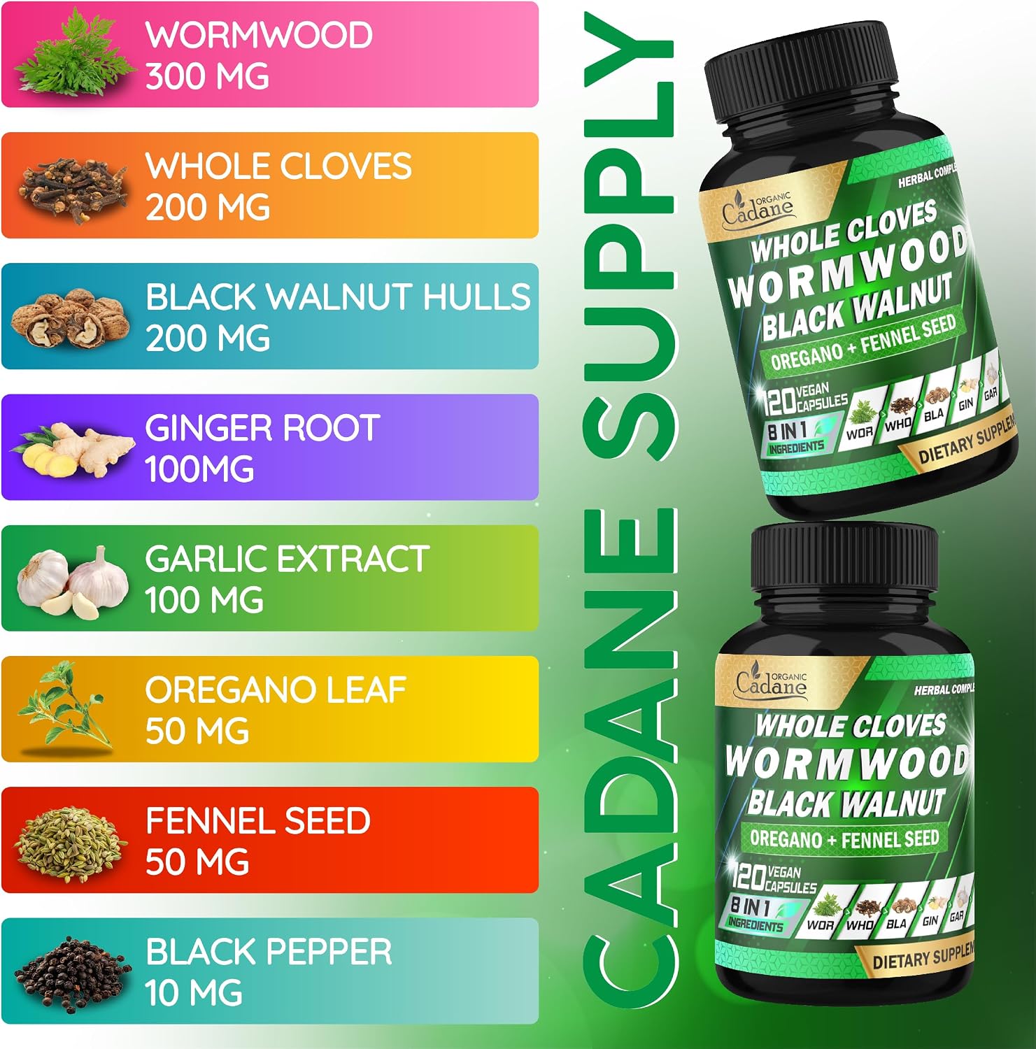 Cadane Wormwood Whole Cloves Black Walnut with Ginger, Garlic, Oregano, Fennel & Black Pepper – Digestive and Wellbeing Support – 120 Capsules (60-Day Supply) - görsel 4