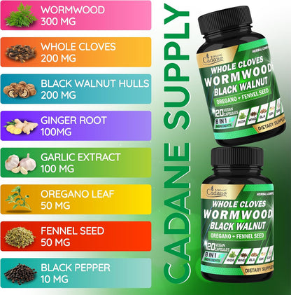 Cadane Wormwood Whole Cloves Black Walnut with Ginger, Garlic, Oregano, Fennel & Black Pepper – Digestive and Wellbeing Support – 120 Capsules (60-Day Supply)