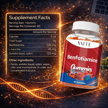 Benfotiamine 320mg Gummies with 45mg L-Leucine Supplement: Essential Vitamin B1 Complex for Men and Women's, Non-GM, Vegan & Gluten Free - Supports Metabolism, Energy & Nervous System Health