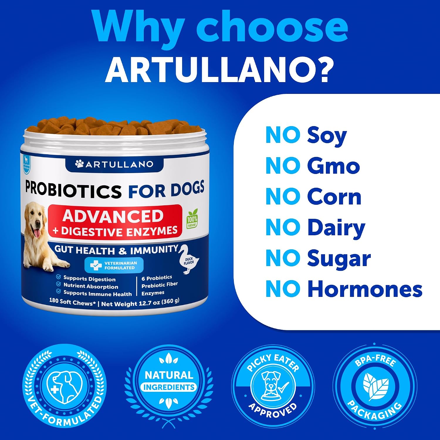 Artullano Probiotics for Dogs - Gut Health, Allergy & Immune Support - 180 Soft Chews - görsel 5