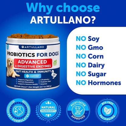 Artullano Probiotics for Dogs - Gut Health, Allergy & Immune Support - 180 Soft Chews