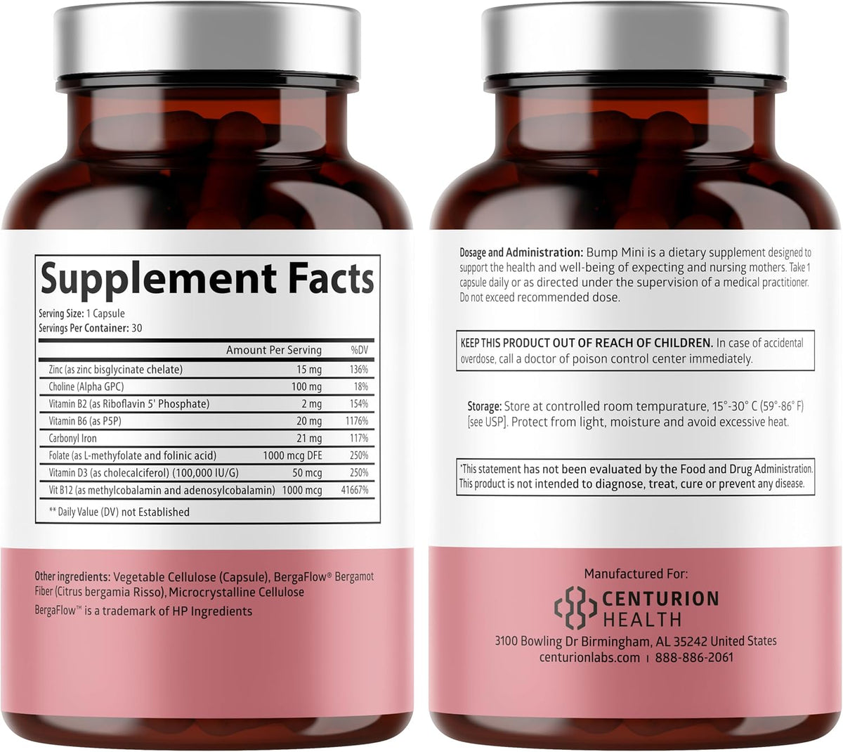 Centurion Health Bump Mini Complete Prenatal Vitamins for Women's with Folate, Choline, Carbonyl Iron, Zinc, Vitamin D3 and – Image 2