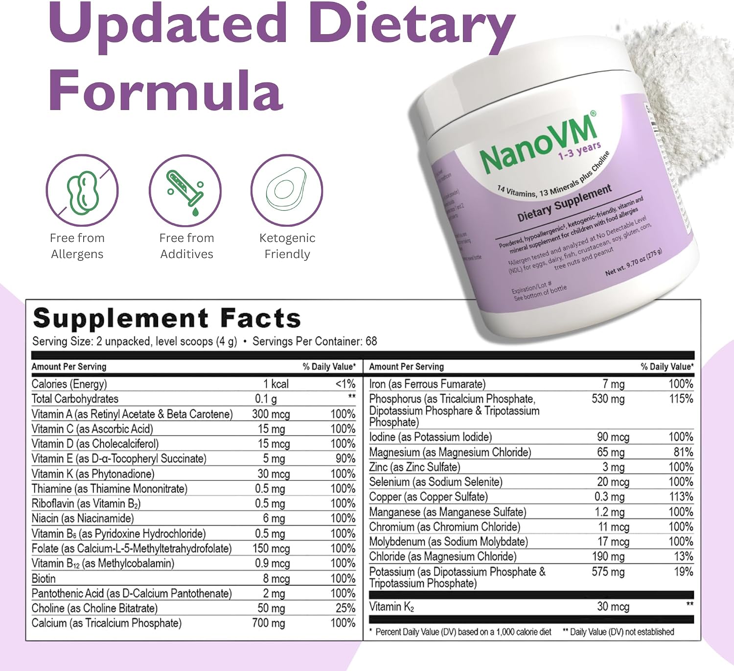 NanoVM 1-3 Years Allergen-Free Multivitamin Powder, Unflavoured, 275g - görsel 2