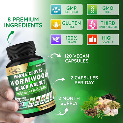 Cadane Wormwood Whole Cloves Black Walnut with Ginger, Garlic, Oregano, Fennel & Black Pepper – Digestive and Wellbeing Support – 120 Capsules (60-Day Supply)