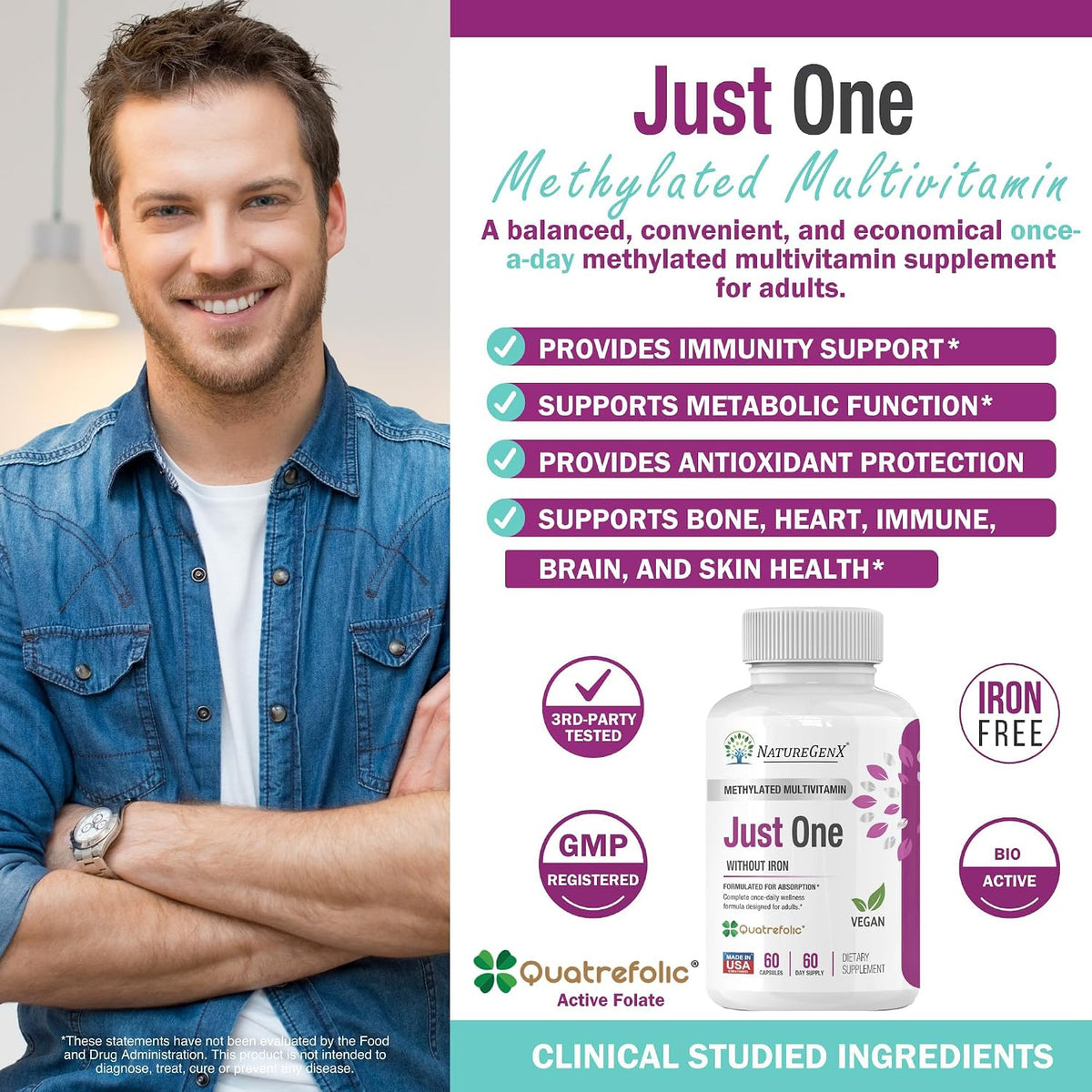 NatureGenX Just One Daily Methylated Multivitamin - Iron-Free, Methyl B12 & Quatrefolic Methylfolate, 120 Vegan Capsules – Image 4