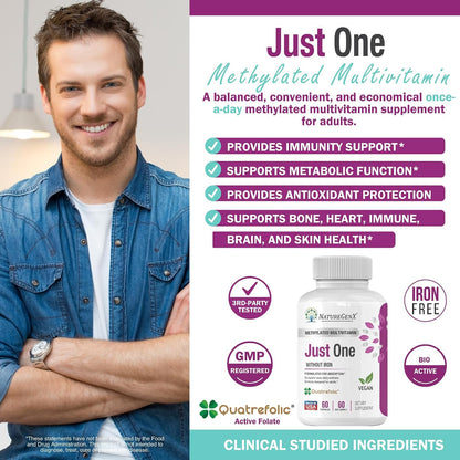 NatureGenX Just One Daily Methylated Multivitamin - Iron-Free, Methyl B12 & Quatrefolic Methylfolate, 120 Vegan Capsules – Image 4