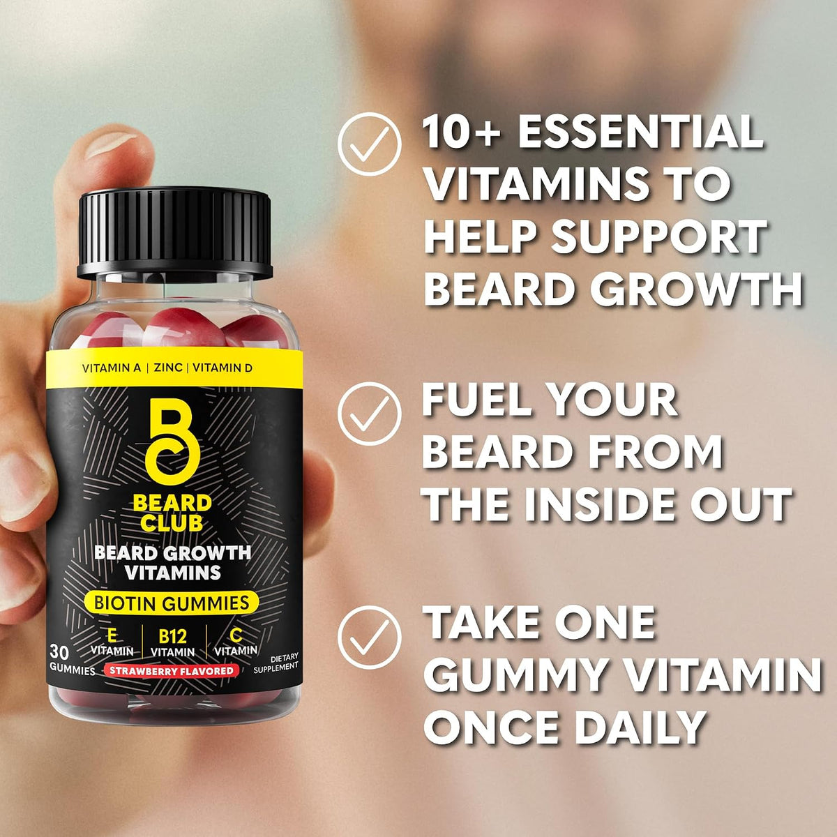The Beard Club Biotin Beard Growth Vitamin Gummies - Hair Supplement for Men - Vitamins B12, E, & C to Support a Thicker – Image 3