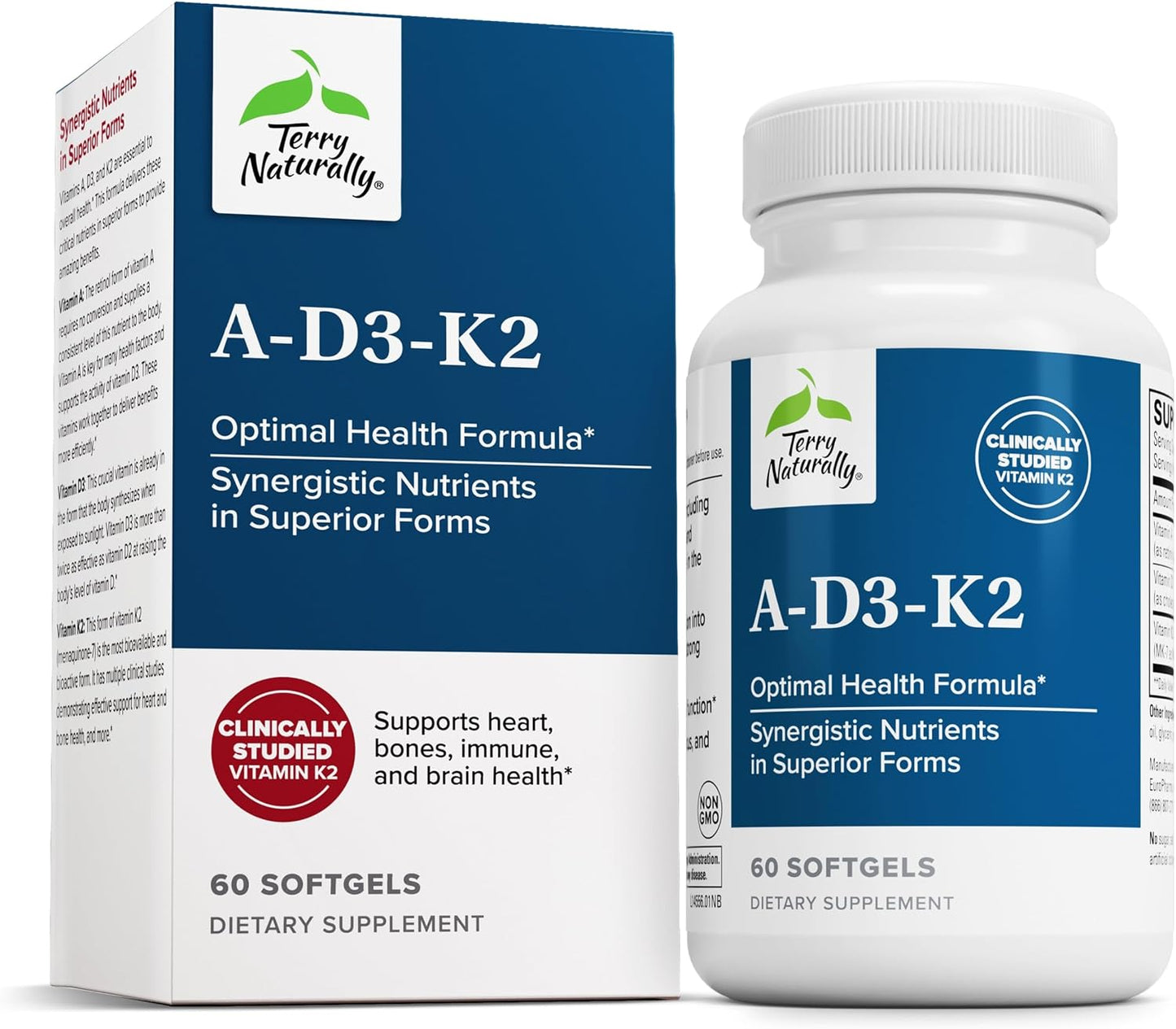 Terry Naturally A•D3•K2 - Vitamin A, D3 & K2 Supplement for Immune, Heart & Bone Health (60 Softgels) - görsel 1