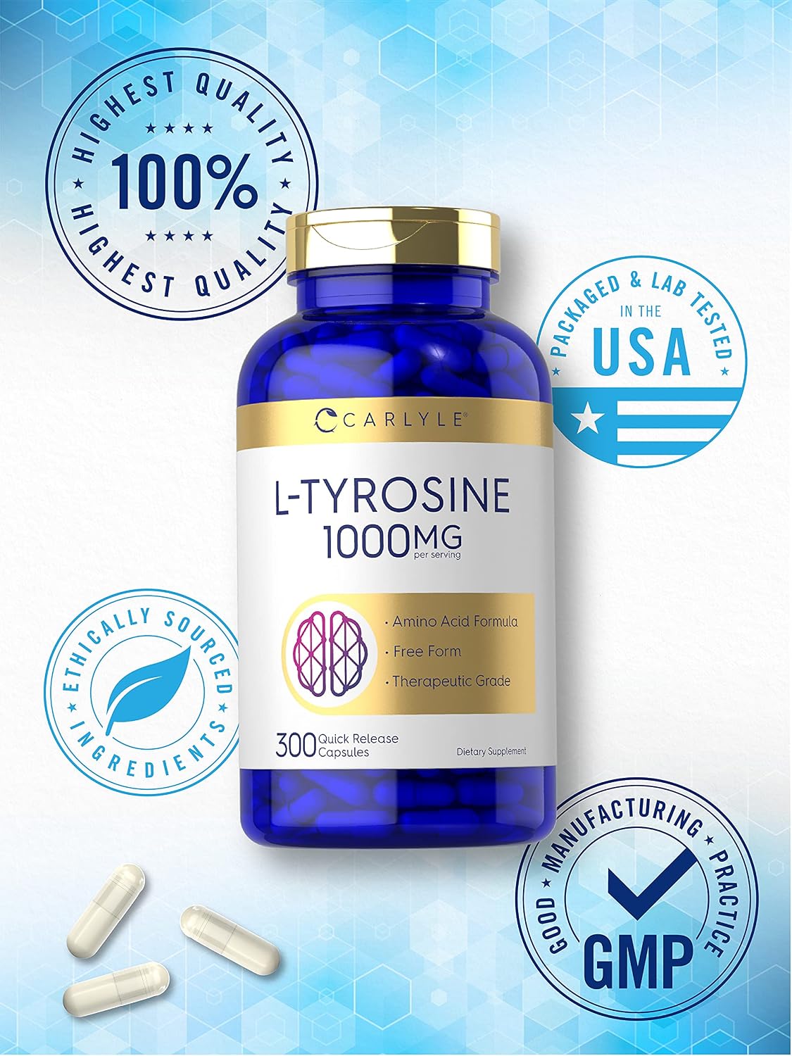 Carlyle L-Tyrosine Capsules 1000mg, 300 Count, Therapeutic Grade, Non-GM & Gluten free - görsel 5