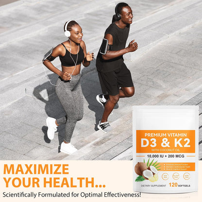 Vitamin D3 K2 Supplement Soft-gels, 10000 IU Vit D3 + 200 mcg K2 (MK-7) | 2-in-1 Formula with Coconut Oil, Supports Calcium Absorption, Easy to Swallow 120 Capsules