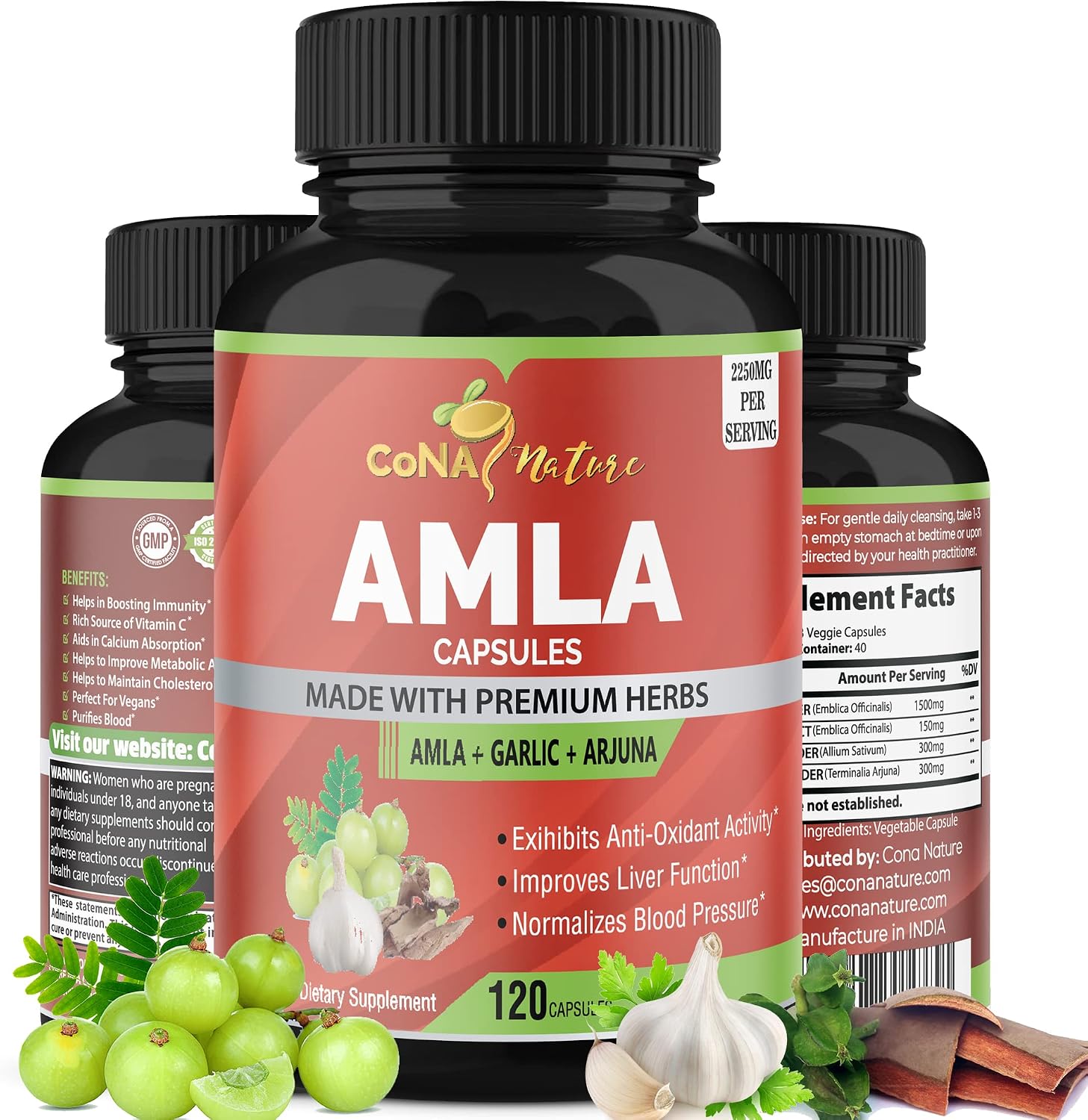 Cona Nature Organic Amla Capsules 1650mg with Arjuna & Garlic – Natural Vitamin C Supplement, Antioxidant Rejuvenator, Immunity & Energy Support, Gluten free, Vegan, 120 Capsules - görsel 1