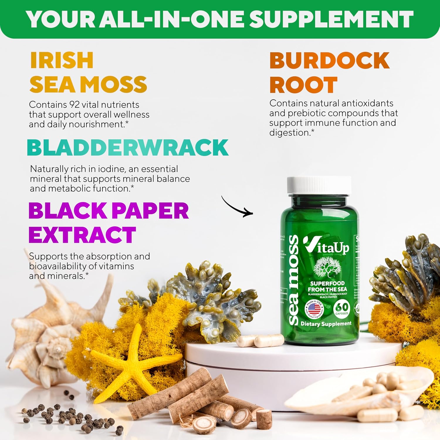 VitaUp Wildcrafted Irish Sea Moss Capsules with Burdock Root & Bladderwrack - 60 Vegan Capsules - görsel 2