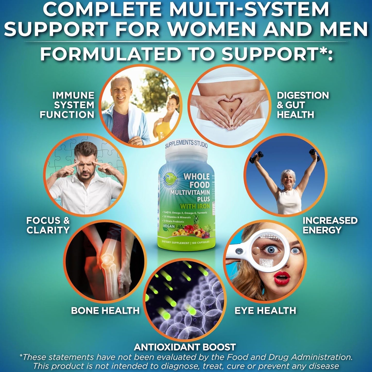 Vegan Wholefood Daily Multivitamin with Iron, Methylated Multivitamin for Women and Men, Made with Fruits & Vegetables, B-Complex, Probiotics, Enzymes, CoQ10, Omegas, Turmeric, Non-GM, 180 Count - görsel 3