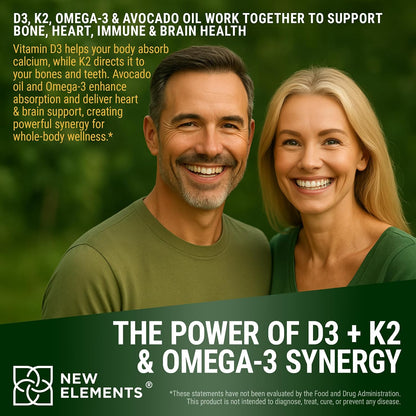 New Elements Liquid Vitamin D3 + K2 Drops, 10,000 IU with Omega-3 – Avocado Oil Base, Non-GM – 60 mL