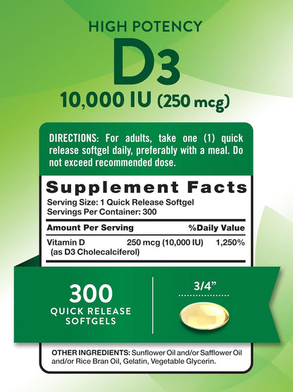 Nature's Truth Vitamin D3 10000 IU Softgels, 300 Count - Extra Strength, Non-GM & Gluten free