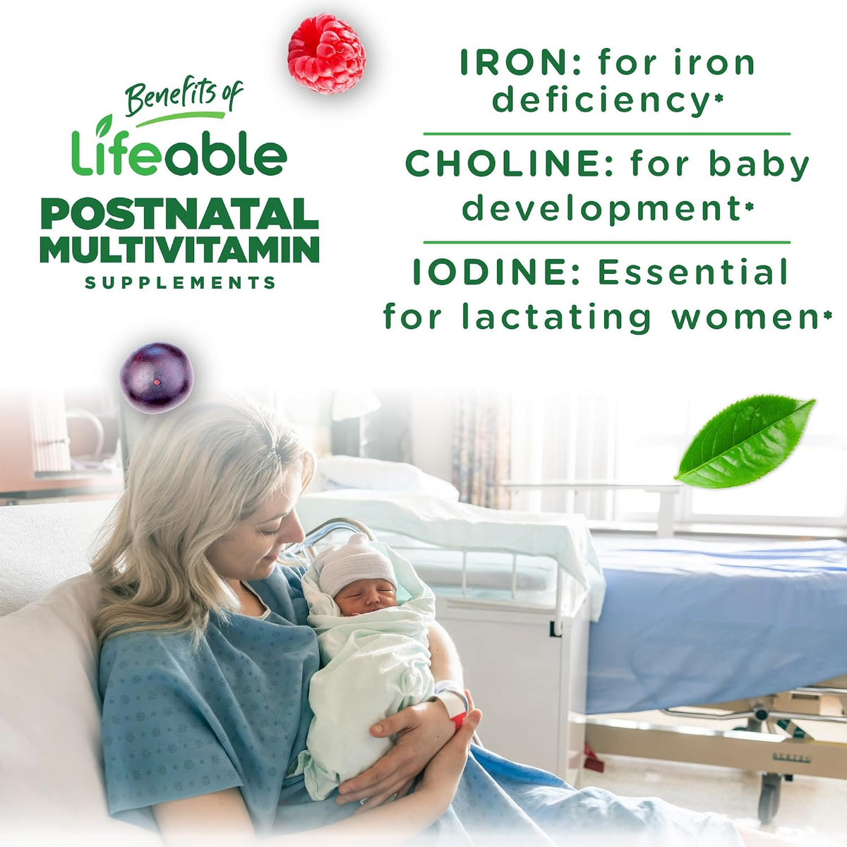 Lifeable Postnatal Multivitamin with Iron, – Folic Acid: Folic acid (folate) is vital for cell growth and tissue – Image 3