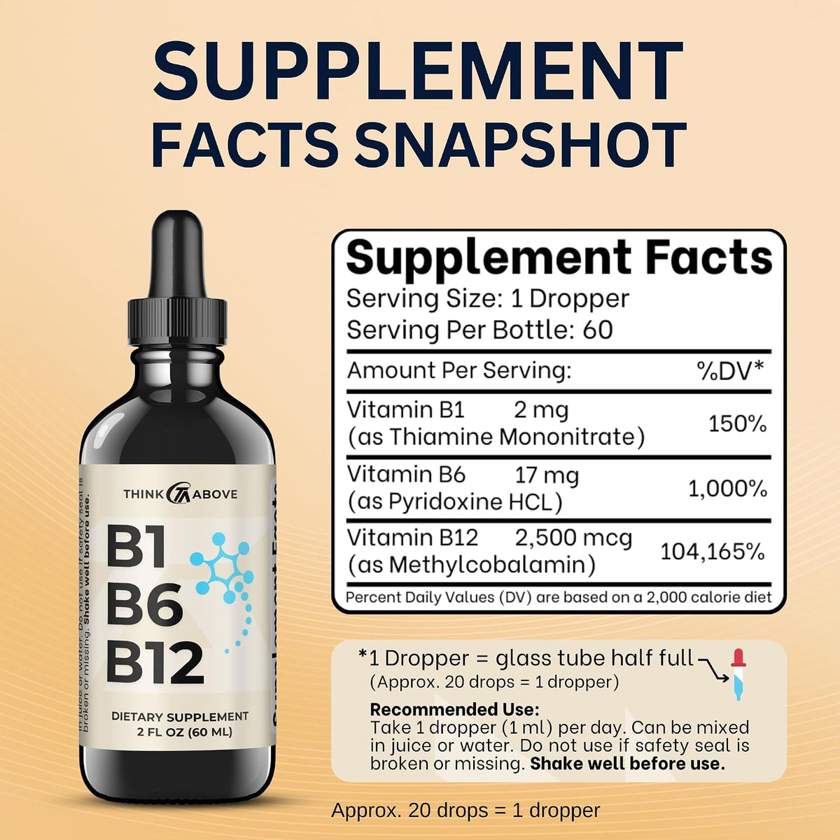 Think Above B1 B6 B12 Vitamin Liquid Drops - Nerve, Energy, Brain Support Supplement - Fruity-Like Flavour - – Image 3