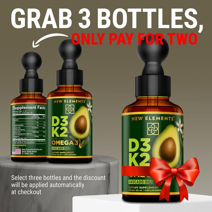 New Elements Liquid Vitamin D3 + K2 Drops, 10,000 IU with Omega-3 – Avocado Oil Base, Non-GM – 60 mL