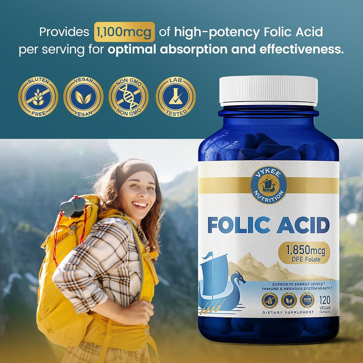 Vykee Nutrition Folic Acid Capsules - Supports Body Processes, Prenatal Health and Energy - Vitamin B9 Supplement for – Image 4