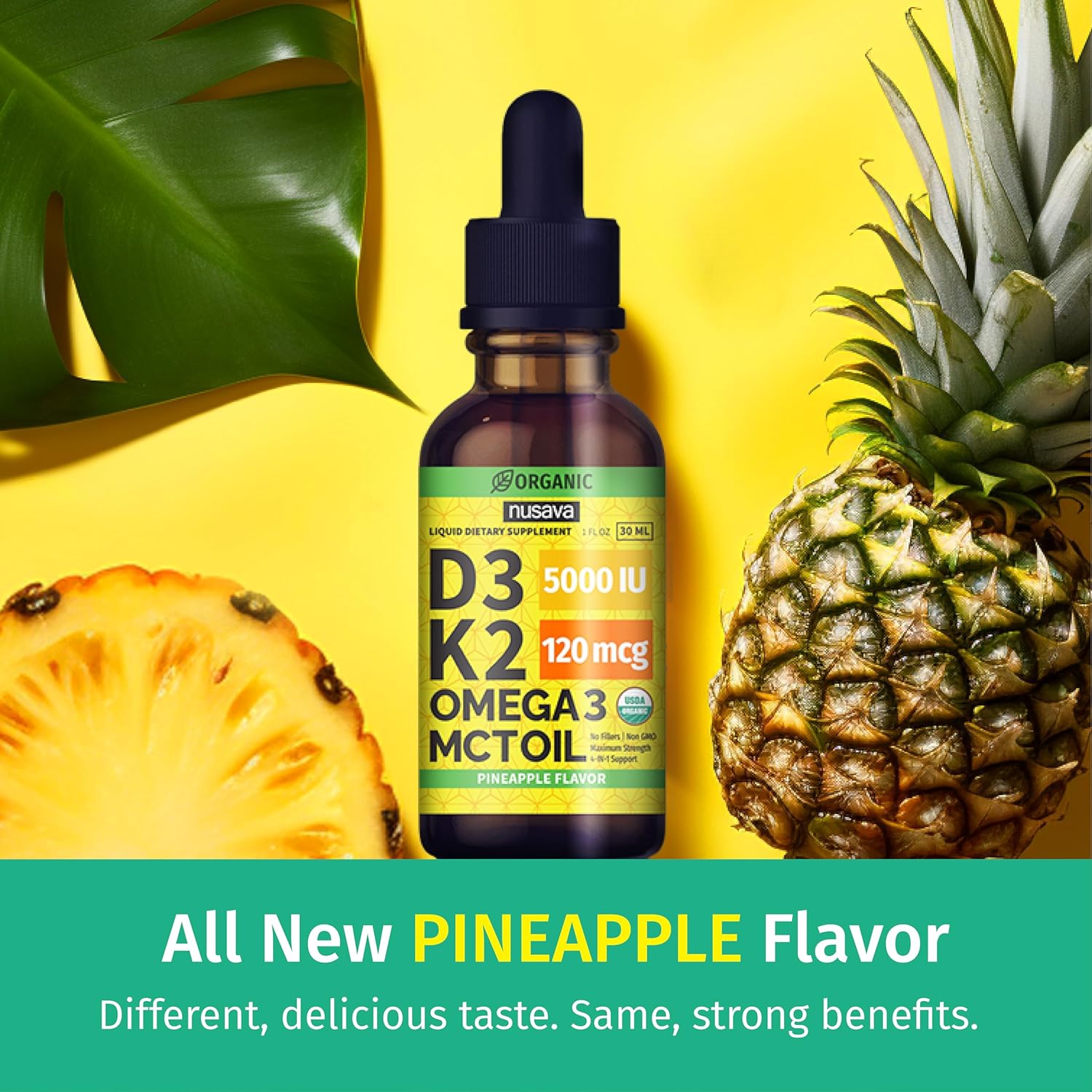 (2 Pack) Organic Vitamin D3 K2 Drops with MCT Oil & Omega 3 - Liquid Vitamin D3 5000 IU - K2 D3 Vitamin Supplement - Vitamin D Drops for Women & Men - No Fillers, Non-GM, GMP, Pineapple (60 mL) - görsel 2