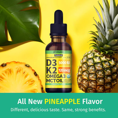 (2 Pack) Organic Vitamin D3 K2 Drops with MCT Oil & Omega 3 - Liquid Vitamin D3 5000 IU - K2 D3 Vitamin Supplement - Vitamin D Drops for Women & Men - No Fillers, Non-GM, GMP, Pineapple (60 mL)