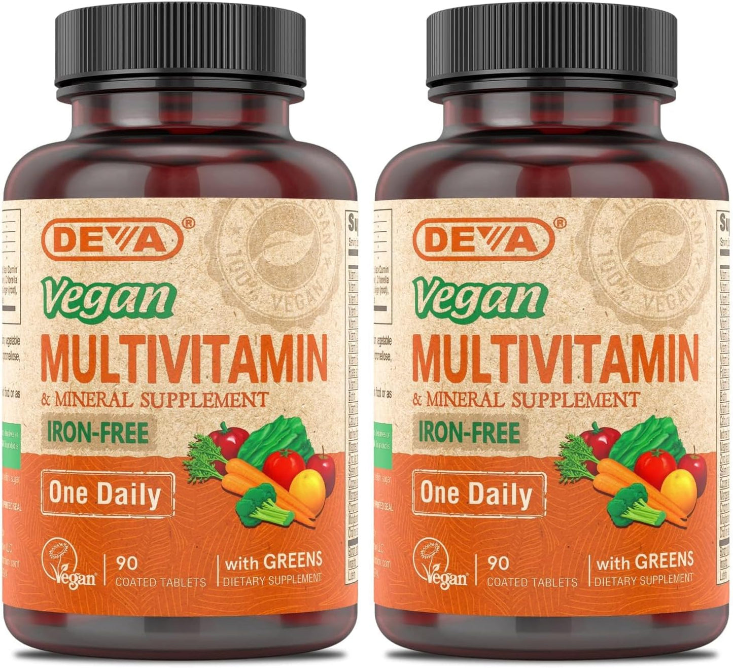 DEVA Vegan Multivitamin and Mineral Supplement - One a Day Formula with Greens - Iron Free - 90 Coated Tablets (Pack of 2) - görsel 1