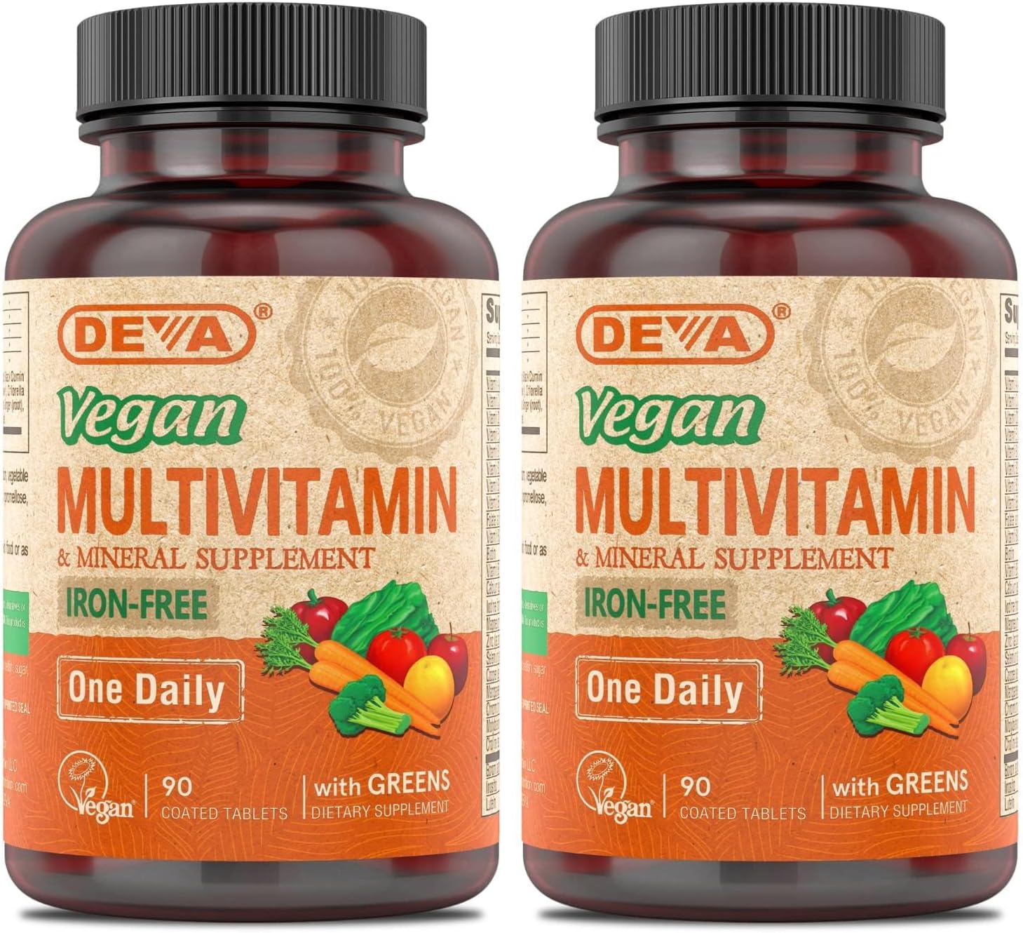 DEVA Vegan Multivitamin and Mineral Supplement - One a Day Formula with Greens - Iron Free - 90 Coated Tablets (Pack of 2) - görsel 1