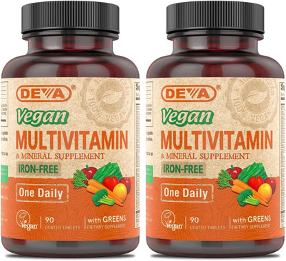 DEVA Vegan Multivitamin and Mineral Supplement - One a Day Formula with Greens - Iron Free - 90 Coated Tablets (Pack of 2)