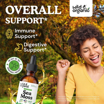 Wild & Organic Sea Moss Liquid Drops – Immune Support – Irish Sea Moss and Bladderwrack Tincture – Multimineral Chondrus Crispus Supplement – Vegan, Sugar & Alcohol-Free – 59 mL