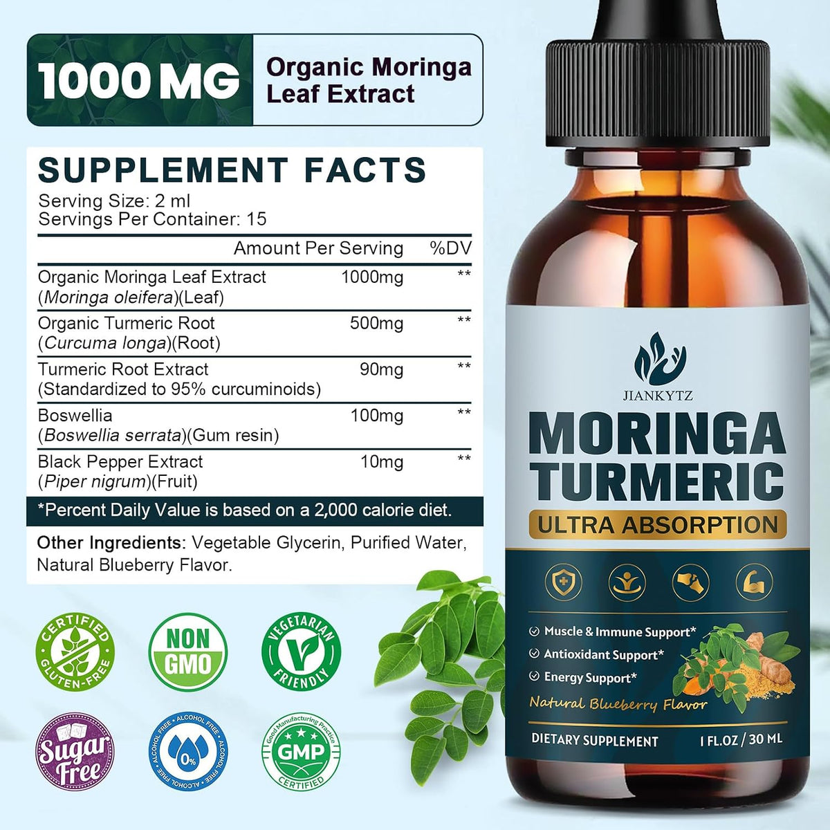 (2 Pack) Organic Moringa Leaf Extract Liquid Drops with Turmeric, Boswellia – Energy, Antioxidant, Skin & Immune Support – – Image 2