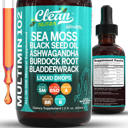 Clean Nutra Organic Sea Moss Drops Supplement | Black Seed Oil, Ashwagandha, Burdock Root & Bladderwrack - Multimineral – Image 1