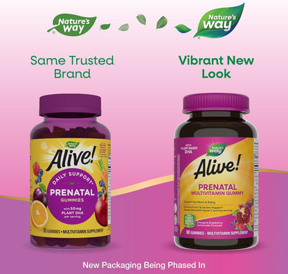 Nature's Way Alive! Gummy Prenatal Vitamins, 90 Count - Plant-Based DHA, Vegetarian, Gluten free
