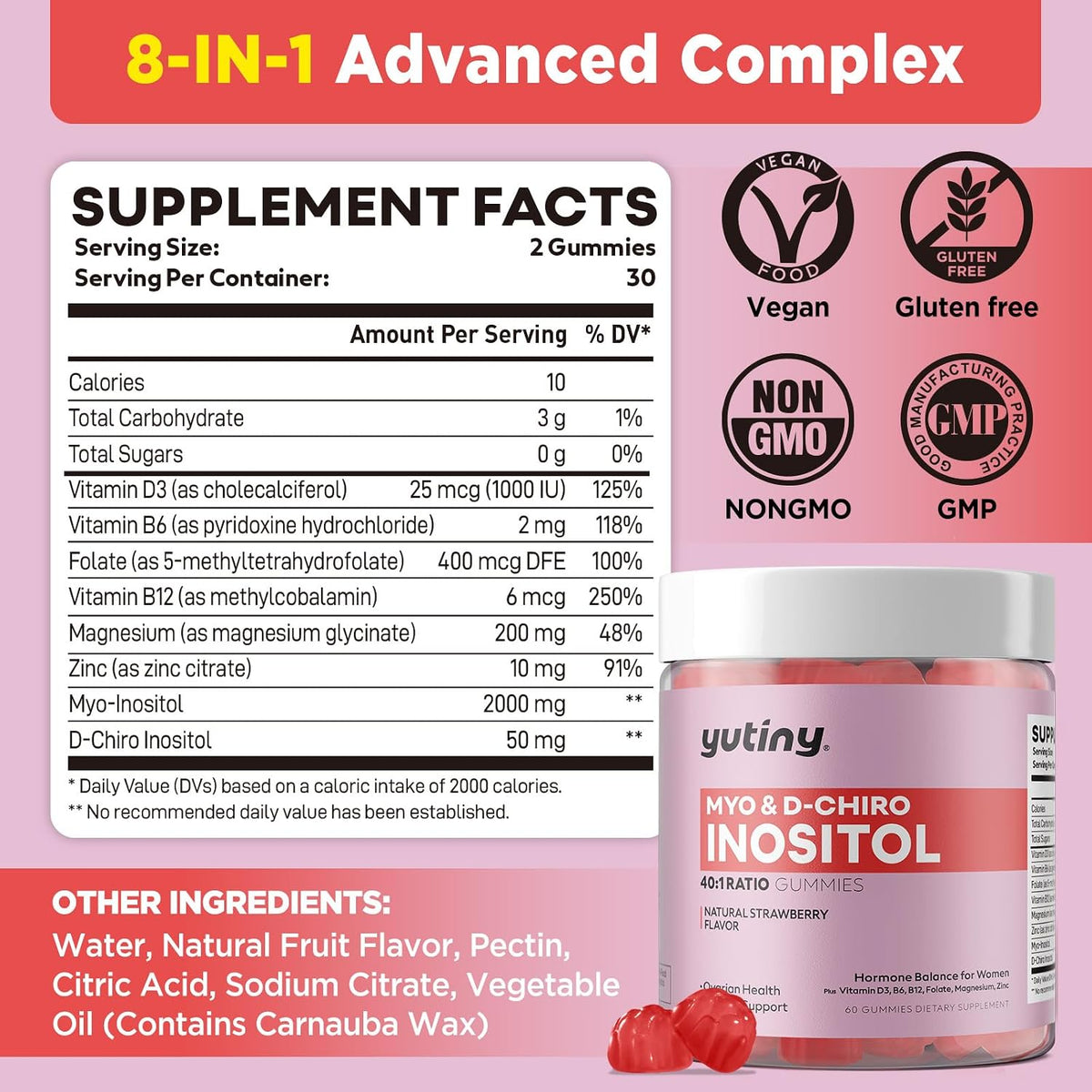 Yutiny Myo-Inositol & D-Chiro Inositol Gummies, Vitamin B6 B12 & Folate for Women's, Vegan, Sugar-free, Strawberry Flavour, – Image 2