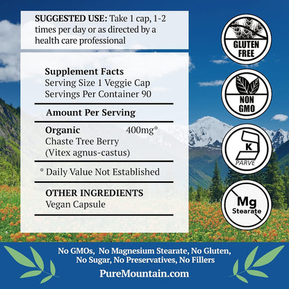 Pure Mountain Botanicals Vitex Chasteberry Supplement - Organic, 90 Capsules, 400mg