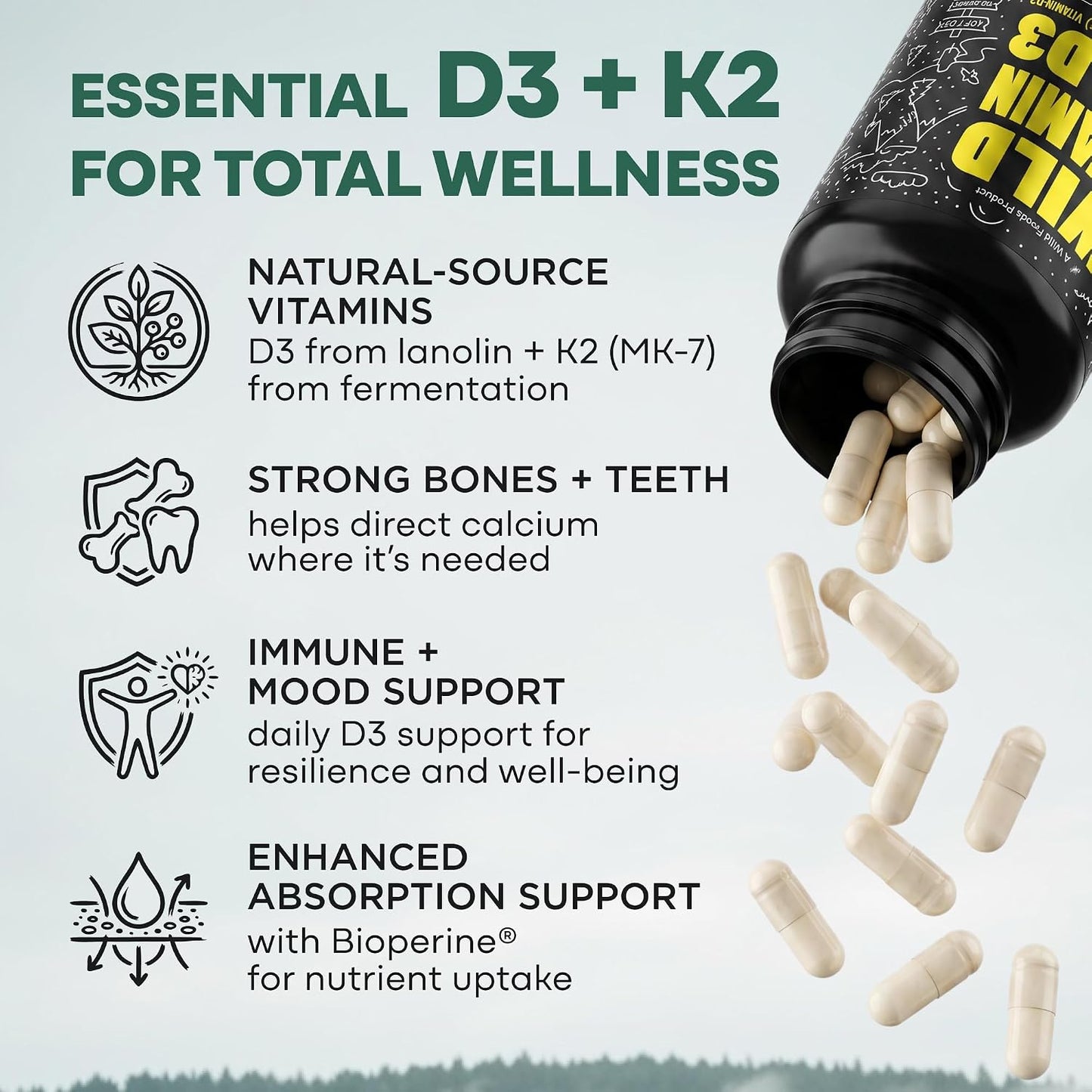 Wild Foods 5000 IU Vitamin D3 + K2 (100mcg Mk7) with Black Pepper Extract, Plant-Based, Non-GM, Soy- & Gluten free, 60 Capsules - görsel 2