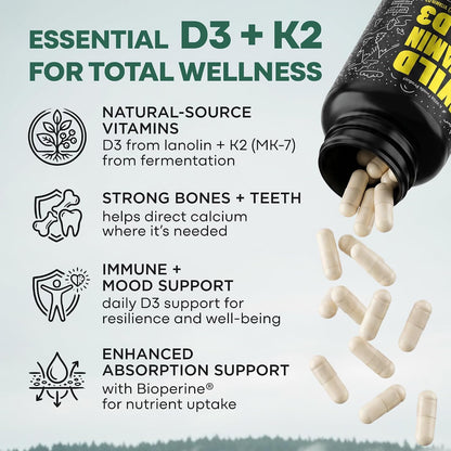 Wild Foods 5000 IU Vitamin D3 + K2 (100mcg Mk7) with Black Pepper Extract, Plant-Based, Non-GM, Soy- & Gluten free, 60 Capsules