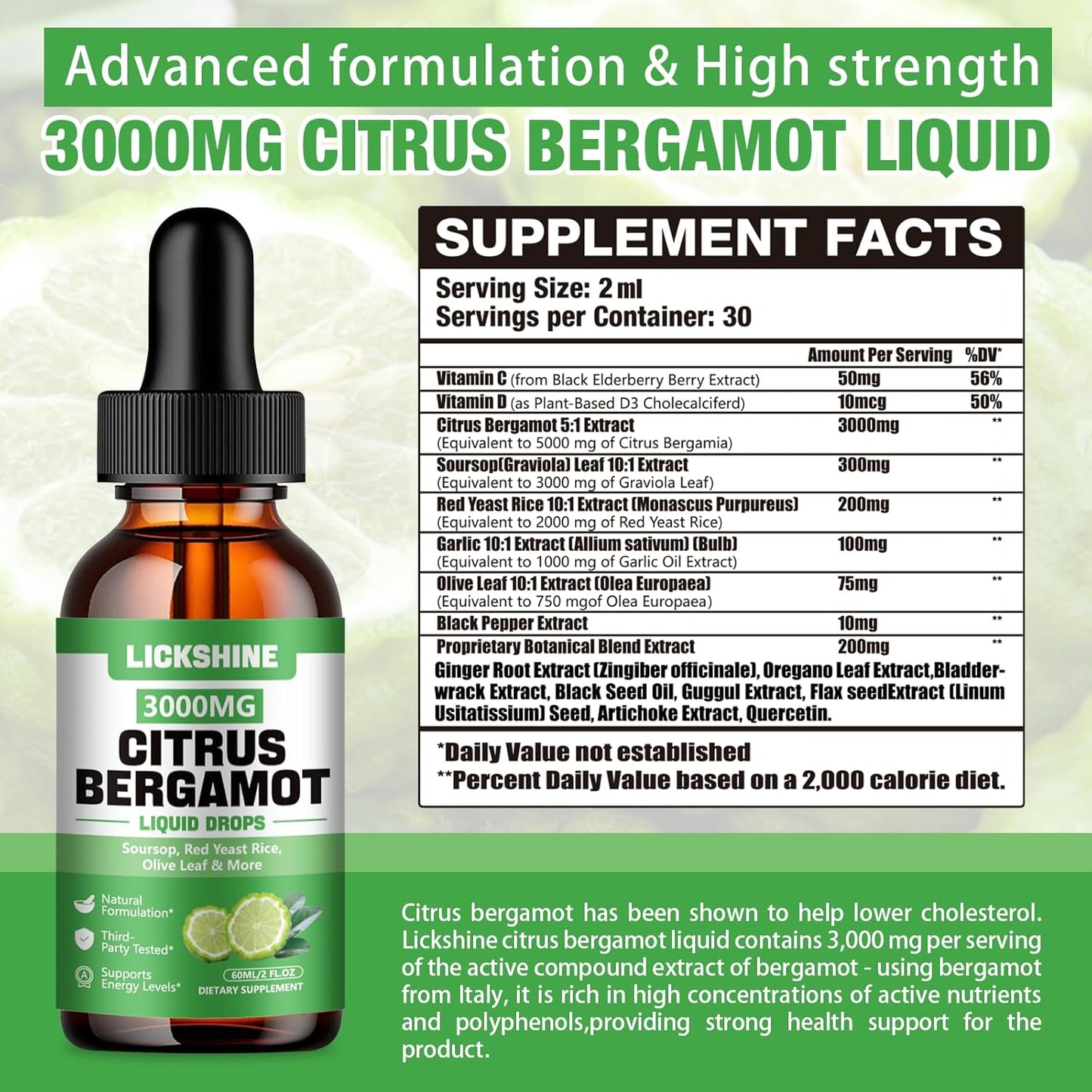 lickshine Citrus Bergamot Liquid Drops 3000mg - 2 Pack - Fast-Absorbing Liquid Supplement for Cholesterol & Immune Support, 120 mL Each - görsel 2