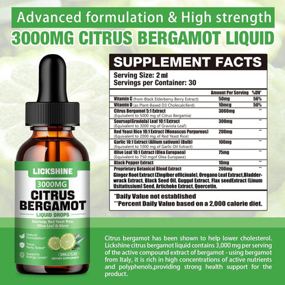 lickshine Citrus Bergamot Liquid Drops 3000mg - 2 Pack - Fast-Absorbing Liquid Supplement for Cholesterol & Immune Support, 120 mL Each